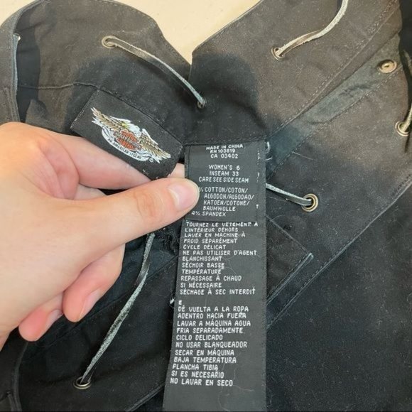 HARLEY DAVIDSON MID RISE D RING EMBROIDERED PATCH ZIP FLARE CARGO PANTS BLACK 6 - Picture 7 of 7